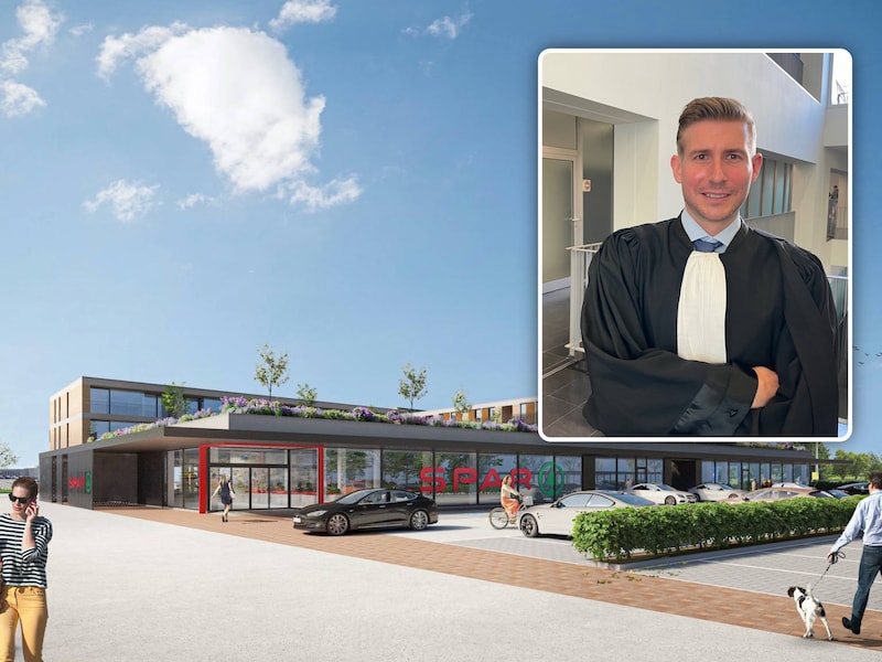 Een conceptbeeld van de SPAR-vestiging in Veurne voordat die gebouwd werd. Inzet: Advocaat Hannes Colpaert