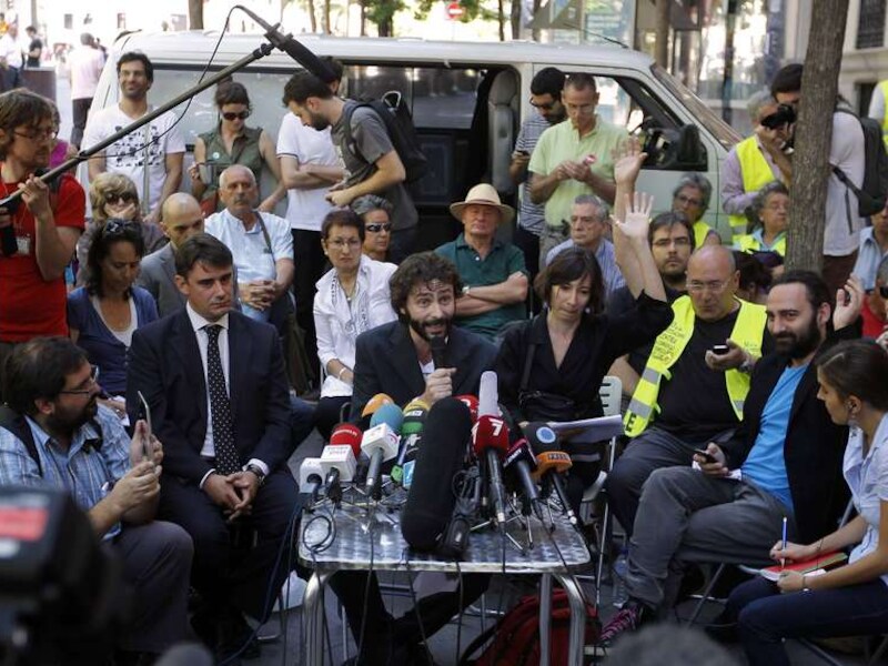 De Indignados, vandaag tijdens hun persconferentie in Madrid.