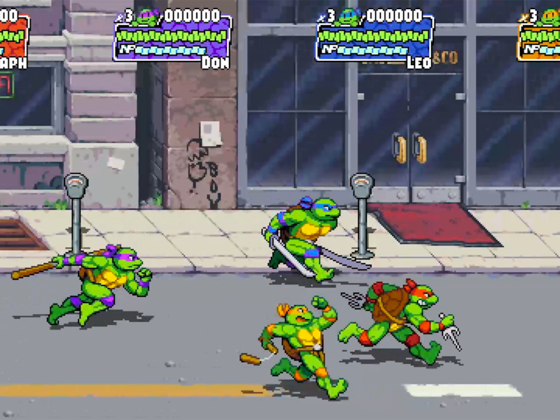 De vier Turtles in de straten van Manhattan, een decor dat recht uit klassieker 'Turtles in Time' (1991) komt.