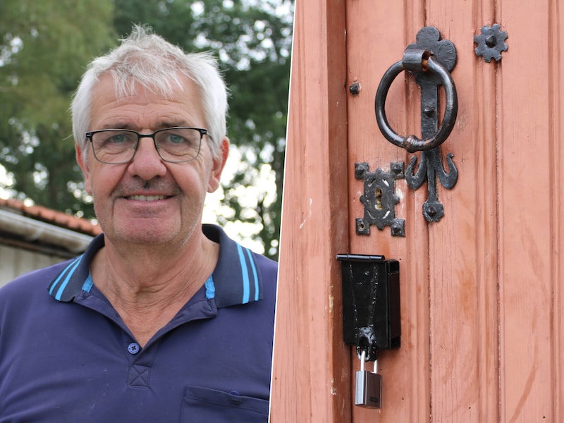 Links: Noël Beheydt is voorzitter van de kerkfabriek van Hoogstade. Rechts: het nieuwe en goed beveiligde slot aan de deur van de Sint-Lambertuskerk.