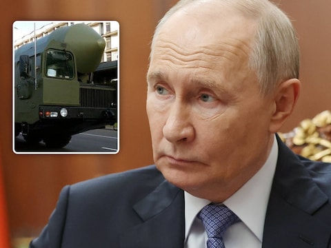 De Russische president Vladimir Poetin en zijn Oresjnik-raket (inzet). 