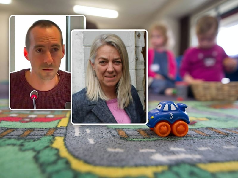 Illustratie kinderopvang, Inzet rechts: Robin Tonniau (PVDA), Inzet links: Schepen Brigitte Vanhoutte (N-VA)