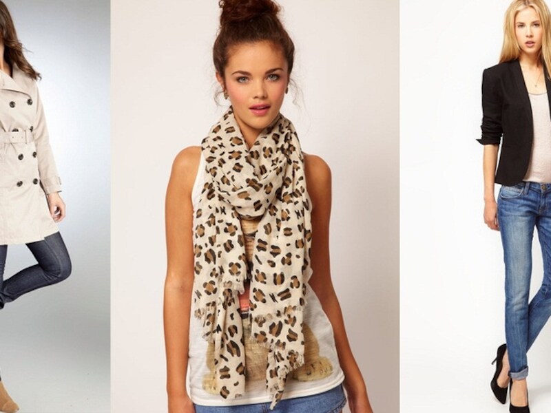 Trenchcoat, sjaal met luipaardprint en zwarte blazer