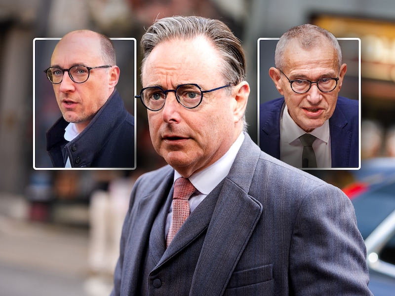 Premier Bart De Wever (N-VA) en zijn Vlaamse vicepremiers Vincent Van Peteghem (CD&V) en Frank Vandenbroucke (Vooruit).