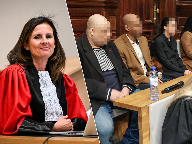 Advocaat-generaal Sofie Adé blijft erbij dat er van moord geen sprake is in het dossier Jairon. Rechts: de beklaagden, met Rennlhij Manuela helemaal links.