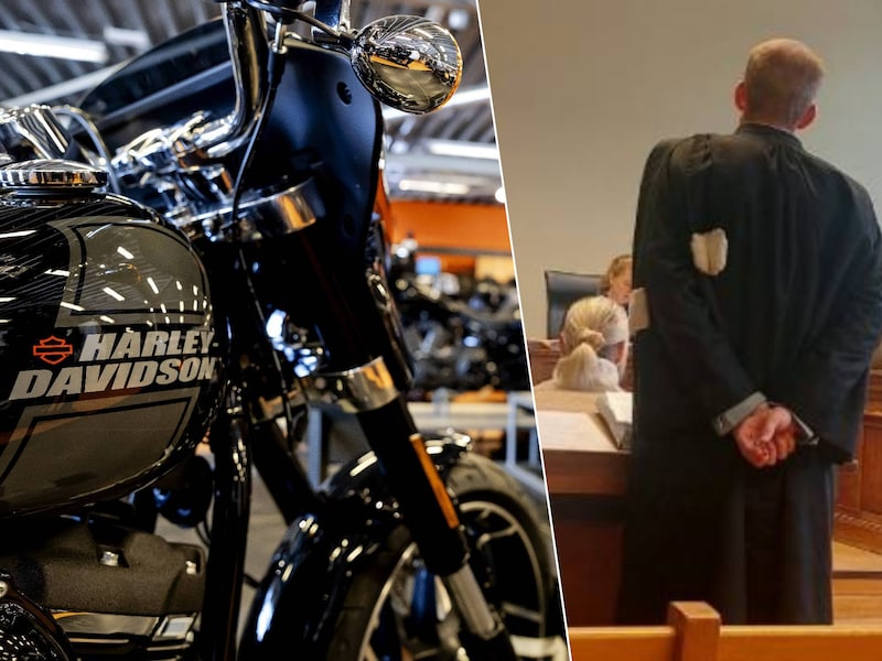 De oplichter kocht onder andere een Harley-Davidson (illustratiebeeld). Rechts: het slachtoffer in de rechtbank van Dendermonde.