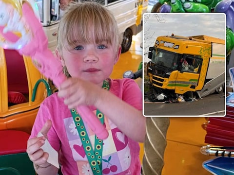 Tijdens de zomervakantie kon Elisa opnieuw volop genieten van uitstapjes. Opvallend rond haar nek: het groene keycord dat duidelijk maakt dat ze een niet-zichtbare beperking heeft., Inzet: de vrachtwagen waarin Elisa en haar papa zaten na het ongeval.