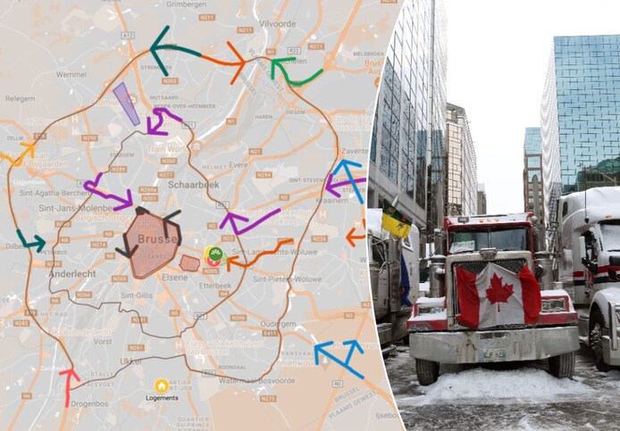 Truckersprotest in Canada en een kaart van actievoerders die dat ook naar Brussel willen brengen