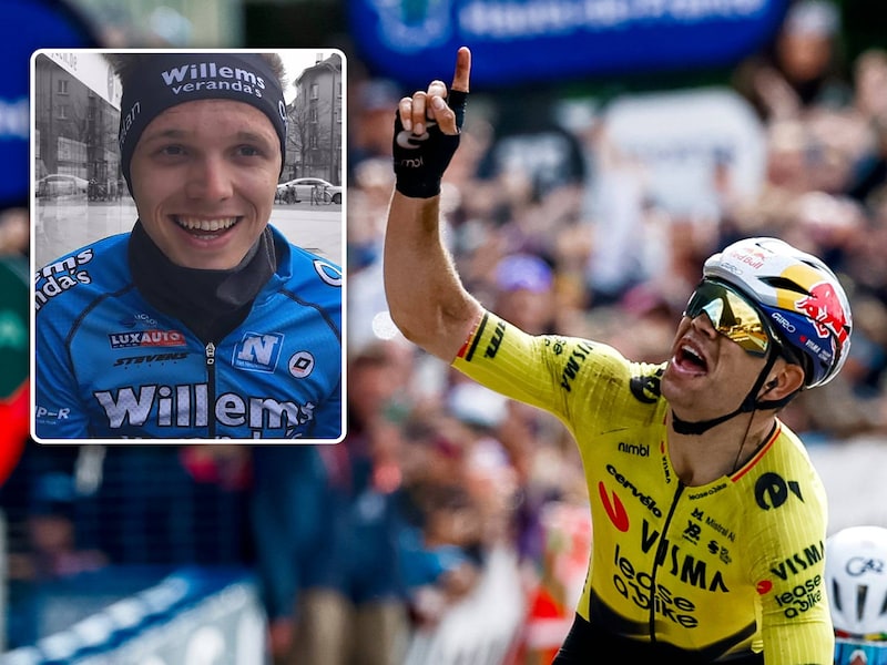 Een emotionele Wout van Aert droeg zijn zege op aan Michael Goolaerts (inzet). 