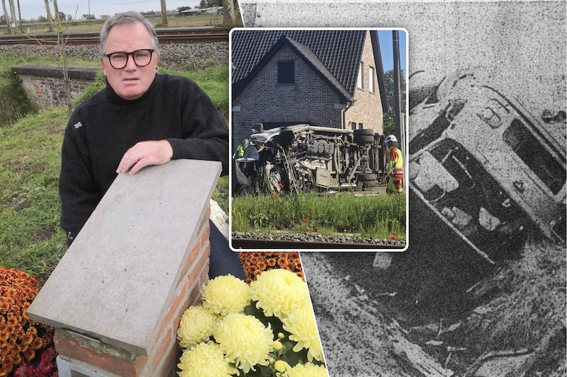 Schoolbus gegrepen door trein in Buggenhout.  / Dominiek Hemeryck getuigt over de busramp bij de overweg in Kortemark op 12 november 1974. Daar staat nu een gedenkmonument. / Het Laatste Nieuws van 13 november 1974 over de busramp in Kortemark. / Deze foto's van de busramp in Kortemark stonden 50 jaar geleden in Het Laatste Nieuws / (inzet: Schoolbus gegrepen door trein in Buggenhout. )
