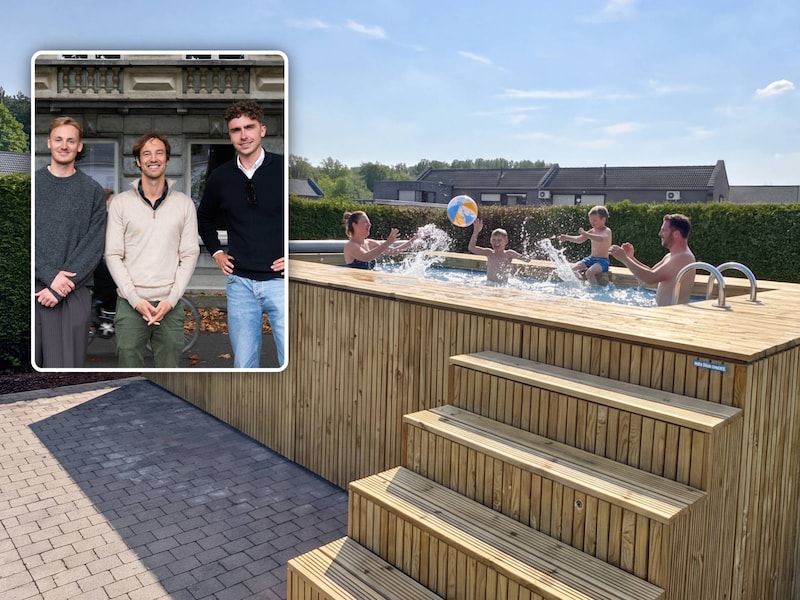 Klanten kunnen hun opzetzwembad laten afwerken met een terras, zitruimte of zelfs een bar. Inzet vlnr: oprichter Sim Vanlangenhove, nieuwe hoofdaandeelhouder Brecht Van Durme en Pieter De Malsche.