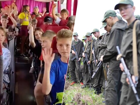 Bus met Oekraïense kinderen die vertrekken naar een zomerkamp in Rusland (links) en de militaire training die sommigen van hen daar krijgen.