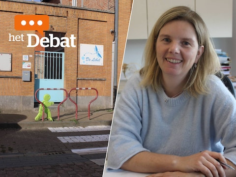 Links de dorpsschool van Izenberge in de Groenestraat. Rechts: directeur van basisschool De Libel in Leisele met wijkafdeling in Izenberge Sofie Maes.