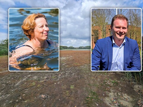 De Kraenepoel staat deze zomer grotendeels droog. Inzet links: Mieke Schauvliege zwemt graag in open water. Inzet rechts: Burgemeester Mathias Van de Walle houdt het droog.