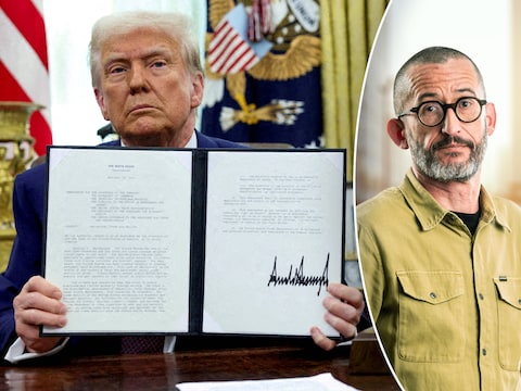 Donald Trump met een besluit over hogere importheffingen (links) en onze buitenlandjournalist Guy Van Vlierden.