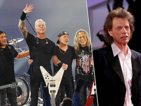 (L-R) Robert Trujillo, James Hetfield, Lars Ulrich en Kirk Hammett van Metallica in 2022 in Californië (links) en Mick Jagger (rechts).t Sala Grande on September 07, 2019 in Venice, Italy. (
