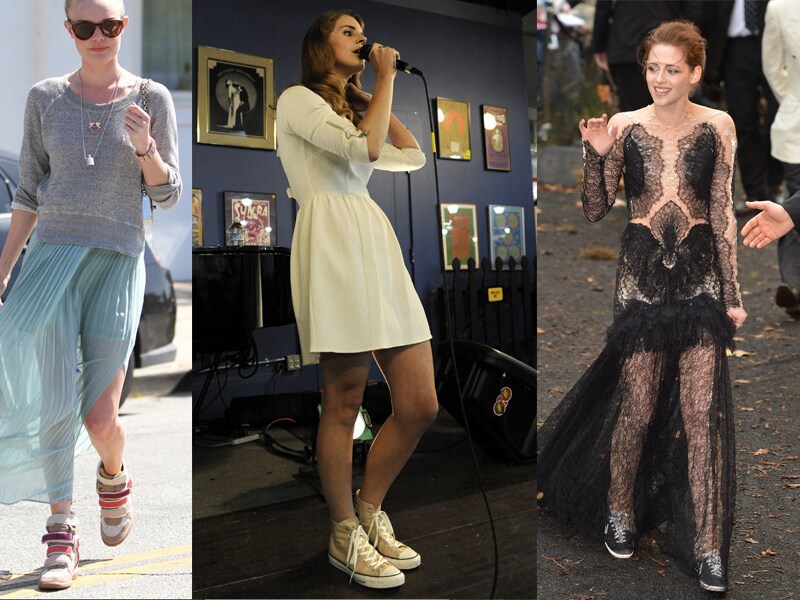 Kate Bosworth combineert lange jurk met sneakers, Lana Del Rey combineert elegant jurkje met sneakers, Kristen Stewart draagt ze onder een kanten jurk.