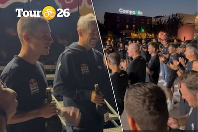 Remco Evenepoel trakteert op champagne bij Red Bull na zege in de Tour: “Heel trots dat ik dit met jullie kan delen”