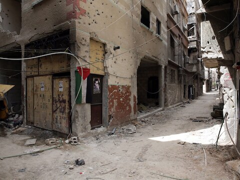 Het door IS deels bezette Palestijnse vluchtelingenkamp Jarmoek in het zuiden van Damascus.