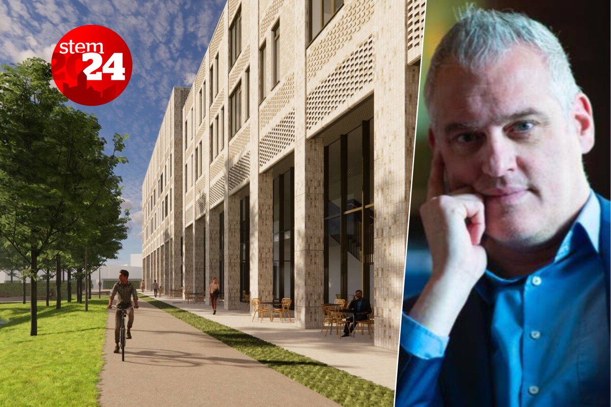 Links: een toekomstbeeld van het nieuwe ziekenhuis, dat in een afwerkingsfase zit. Rechts: Burgemeester Christophe De Graef (Open Diest).