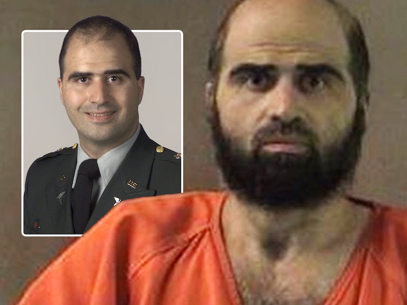 Nidal Hasan in gevangenisplunje in 2012. Inzet: destijds in zijn Amerikaans legeruniform. 