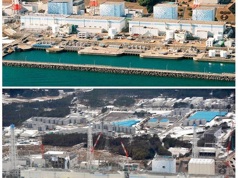 De kerncentrale van Fukushima: boven op een foto uit december 2000, onder de kerncentrale na de tsunami van 11 maart 2011.