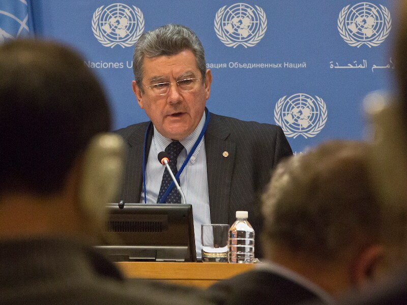 Uruguay's VN-Ambassadeur Elbio Rosselli - hij is momenteel de voorzitter van de Veiligheidsraad - hier aan het woord tijdens de persconferentie gisteren.