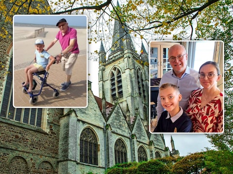 Het gezin met Dominique, Els en Lukas organiseren een Beiaardconcert in de Sint-Hermestoren in Ronse als eerbetoon aan twee overleden Beiaardfans (inzet links Gerard, papa van Dominique met zijn kleinzoon Lukas).