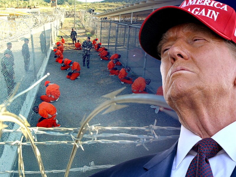 Donald Trump met de Guantánamo-gevangenis op de achtergrond, toen daar honderden terreurverdachten zaten.
