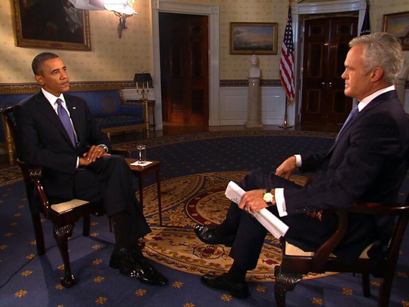 President Obama tijdens een van de 6 interviews die hij gisteren aan de grote Amerikaanse nieuwsnetwerken gaf over de mogelijk aanval op Syrië.