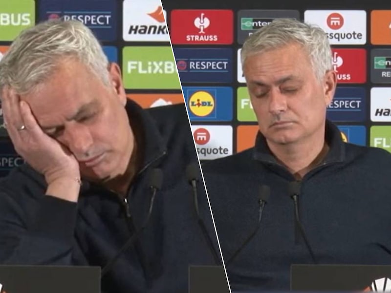KIJK. Verlies leek hem niet te deren: José Mourinho doet alsof hij in slaap valt nadat hij het gehad heeft met Turkse journalist