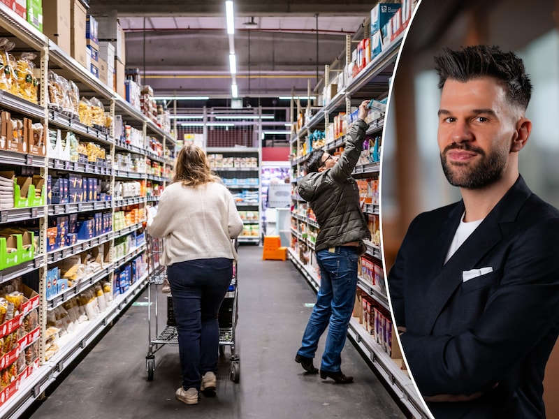 Klanten in supermarkt. Rechts: professor arbeidseconomie Stijn Baert. 