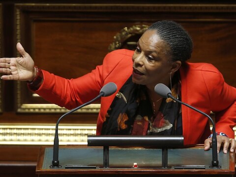 Frans minister van Justitie Christiane Taubira in de Franse Senaat.