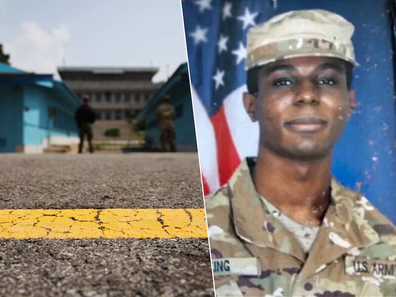 Links de zwaarbeveiligde wapenstilstandslijn tussen Noord- en Zuid-Korea. Rechts de Amerikaanse militair Travis King, die daar lachend overheen stapte en wegrende.