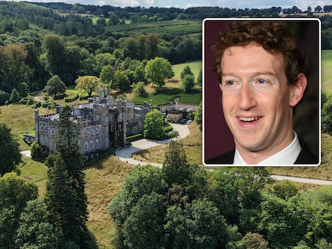 Strancally Castle in Waterford, Ierland. Inzet: Meta-topman Mark Zuckerberg.