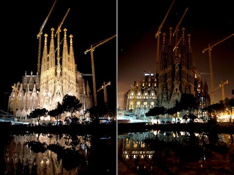 De Sagrada Familia voor en tijdens Earth Hour 2011.