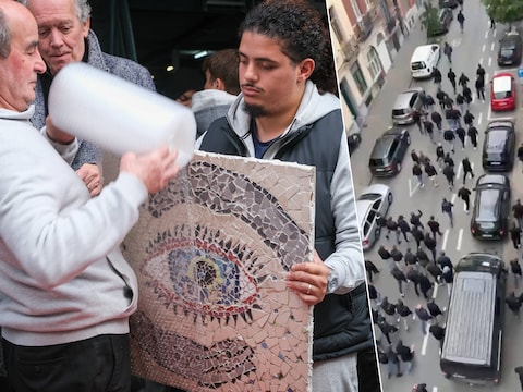 Links: Ben van Brico Ben en zijn zoon toen ze een mozaïek van scherven van tijdens de raid onthulden tijdens een mars tegen racisme. Rechts: de groep hooligans die na de match amok maakte in de Brusselse straten.