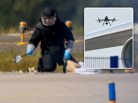 Inzet: Een drone van de politie kijkt de omgeving na waar de drone met het explosief werd gevonden