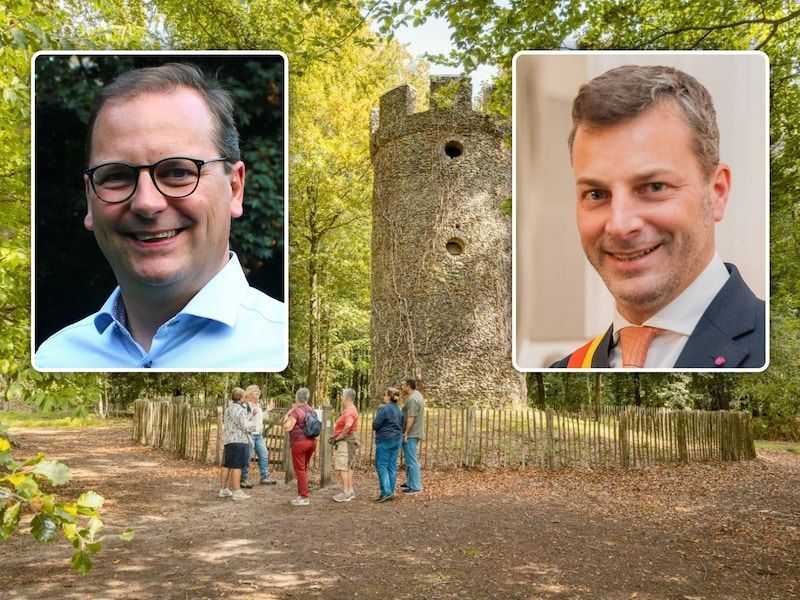 De geuzentoren in het Muziekbos in Ronse. Inzet: schepen van Toerisme Gunther Deriemaker en voorzitter van Landschapspark Vlaamse Ardennen en burgemeester Ignace Michaux.
