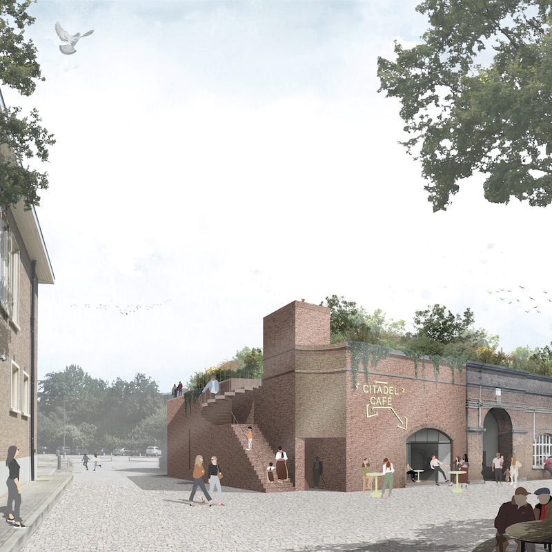 Het winnende ontwerp van fase 1 in de herbestemming van de Citadel, met onder meer een café aan de ingang.