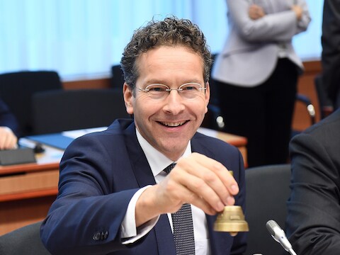 Voorzitter Jeroen Dijsselbloem tijdens de vergadering van de eurogroep vandaag in Brussel.