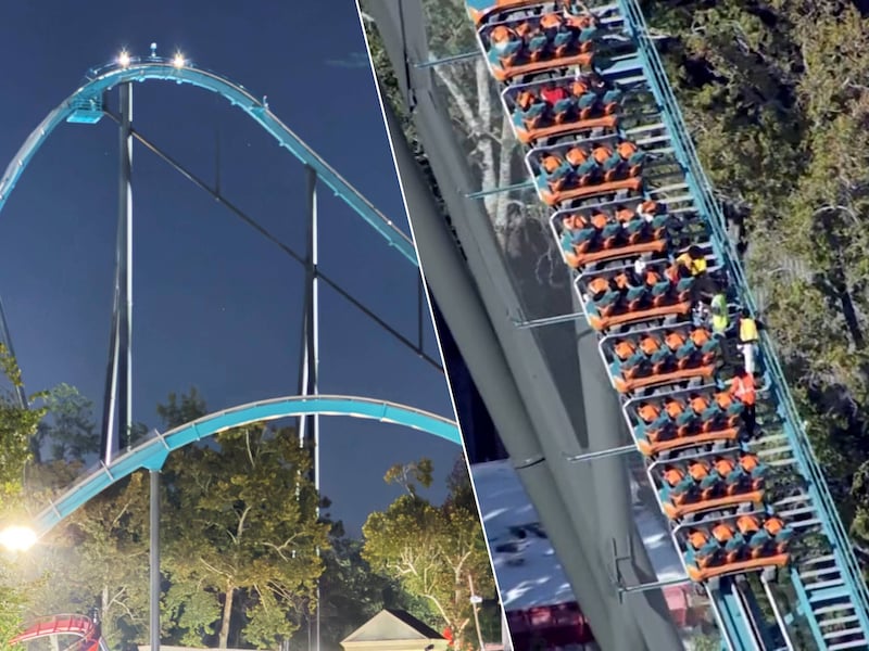 Links: de achtbaan ‘Goliath’ in het Amerikaanse pretpark Six Flags. Rechts: evacuatie van de inzittenden.