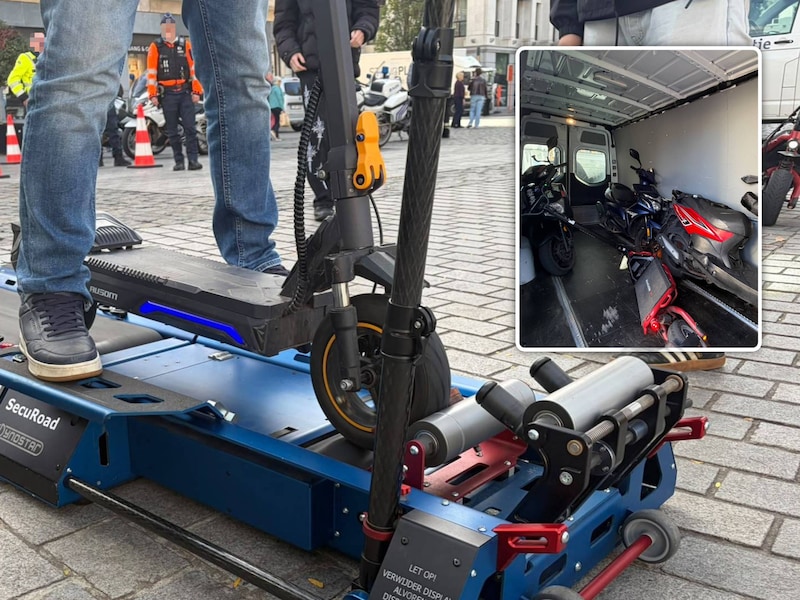 De politiezone Vlas gebruikte de nieuwe rollentestbank woensdag voor het eerst tijdens een controleactie op de Grote Markt in Kortrijk. Inzet: De in beslag genomen tweewielers.