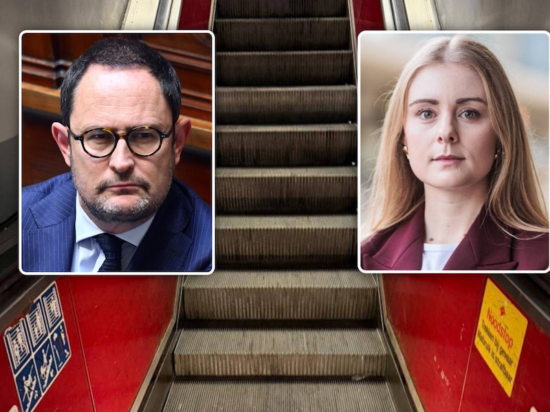 archiefbeeld van de roltrap aan spoor 3 in het station in Kortrijk / (inzetten: federaal parlementslid Vincent Van Quickenborne en NMBS-woordvoerder Britt Monten)