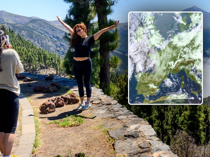 Illustratiefoto: toeristen op Tenerife. Inzet: weerkaart van Europa.