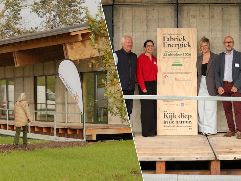 Links: Fabriek Energiek 2.0 in Zelzate. echts: Frank De Mulder (voorzitter Zonneberg CV), Sofie Van Zele (Terranova NV), gedeputeerde Dagmar Beernaert en Noël D’hondt (bestuurslid Zonneberg CV) openen Fabriek Energiek 2.0.