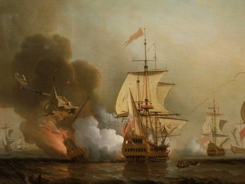 Dit schilderij van Samuel Scott toont de ontploffing van het kruit op de San José.