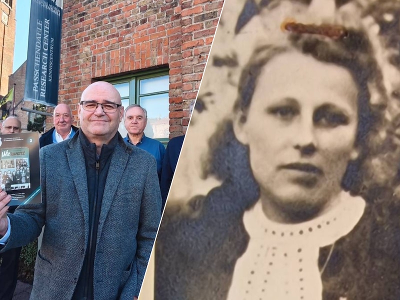 Auteur Kurt Ravyts, met leden van de Zonnebeekse Heemvrienden, bij de voorstelling van het derde deel van het boek ‘Wit  zwart of vele tinten grijs?’ Rechts: een foto van de Russische Nina Kucharenko 
