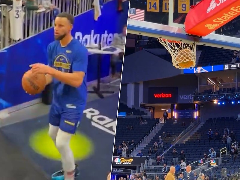 KIJK. Pure waanzin: Stephen Curry scoort met spectaculair shot vanuit de spelerstunnel (en breekt even later een record van Michael Jordan)