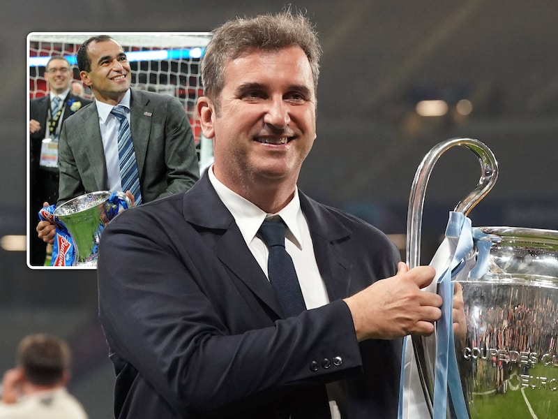 Ferran Soriano, CEO van Manchester City, pronkt met de Champions League-trofee in 2023. Inzet: Roberto Martínez zette met Wigan de Citizens een pijnlijke hak in de FA Cup-finale van 2013.